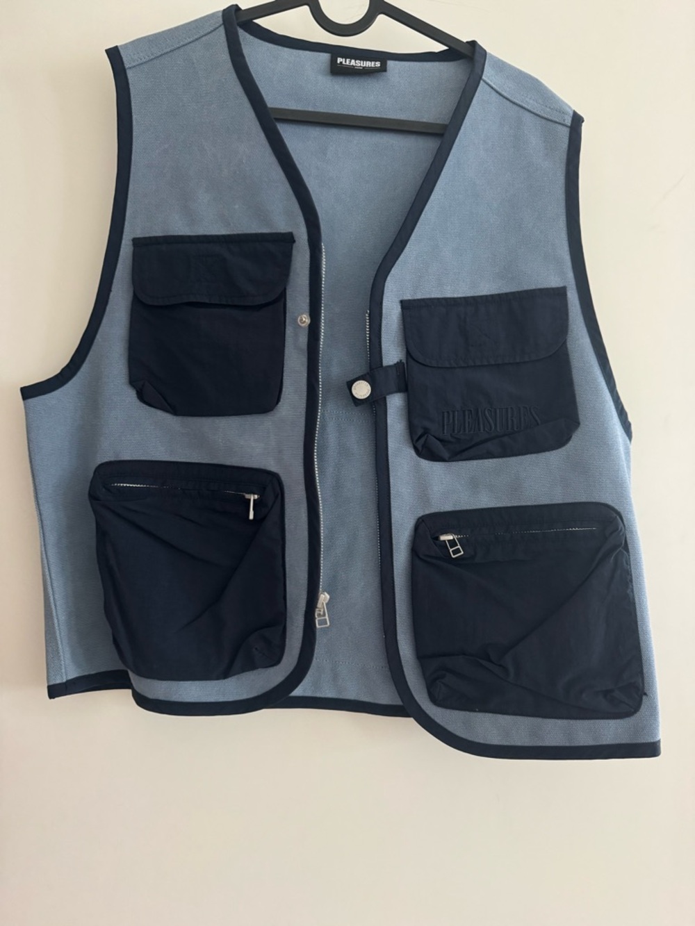 PLEASURES Light Blue Utility Vest with Navy Pockets